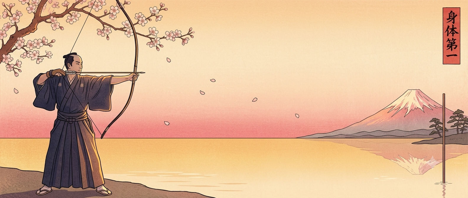 An archer at full draw facing an open sea, Mount Fuji and a red banner reading 'the body first' in the distance — ukiyo-e style